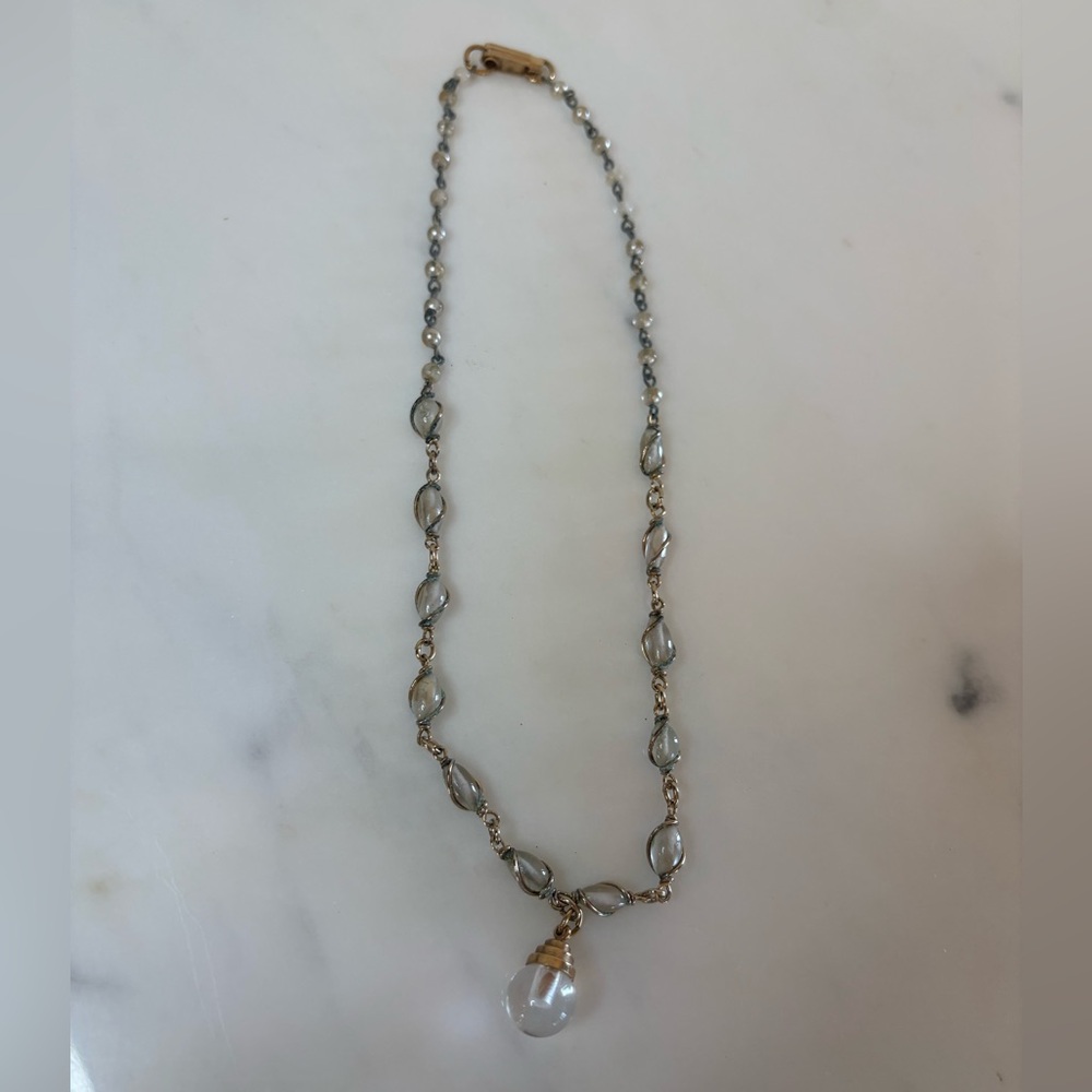 Delicate Vintage Czech Glass Bead Mustard Seed Orb Necklace 15” Mid Century
